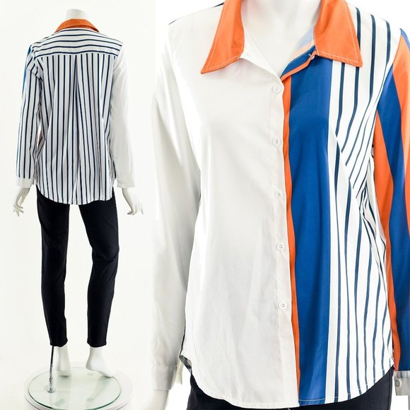 Asymmetric Striped Button Down,Vintage Colorblock Oxford Shirt,Nautical Striped - Picture 3 of 9